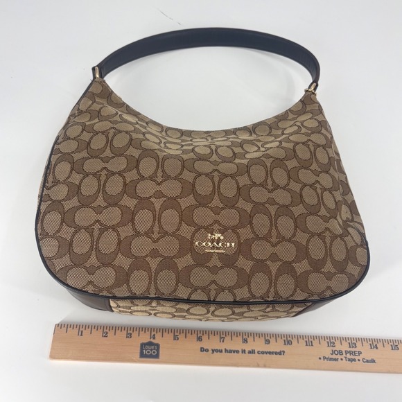 Coach Signature Monogram Canvas Hobo Shoulder Bag Khaki Black Leather Trim - Picture 9 of 10